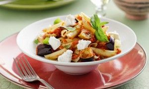 Penne with eggplant sauce basil and mature ricotta