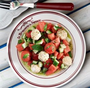 Salad with watermelon, tomato, sesame oil, feta cheese and mint