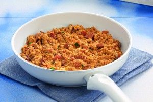 Fresh tomato, herb-smoked pork and feta egg scramble (strapatsada)