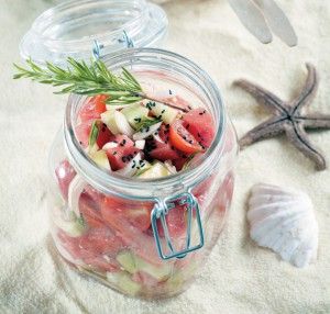 Watermelon, cherry tomatoes and fresh cheese salad