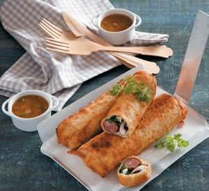 Sausage spring rolls with mushrooms and apricot sauce