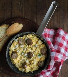 Eggs with sausage and feta cheese