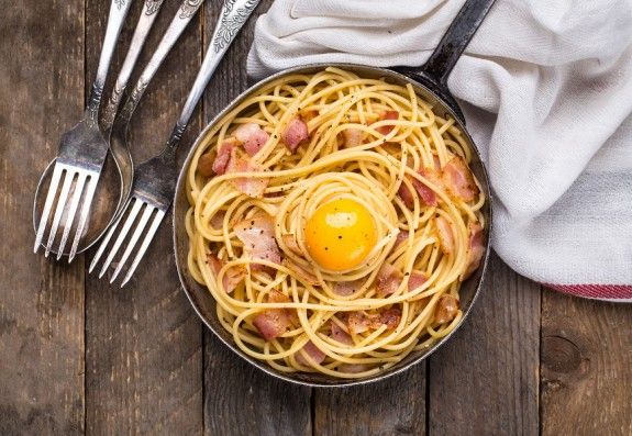 88540226 – pasta with bacon, egg and cheese