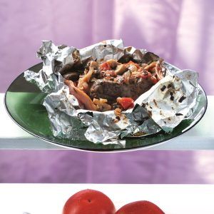 Beef, mushroom and ham foil pack