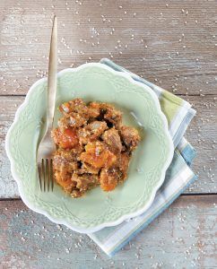 Sweet-sour lamb with apricots and sesame bar
