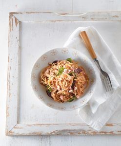 Beetroot, goat’s cheese and hazelnut spaghetti