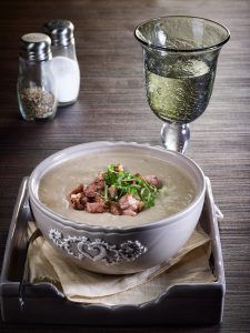 Bean veloute soup with pancetta