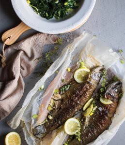 Trout en papillote, with steamed chards