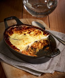 Moussaka with chickpeas and curd cheese béchamel