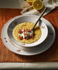Tarhana soup with feta and bacon