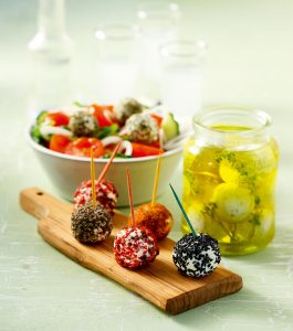 Summer salad with yogurt cheese balls