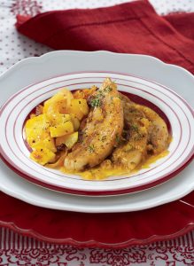 Cognac and orange glazed pork belly with citrus potatoes