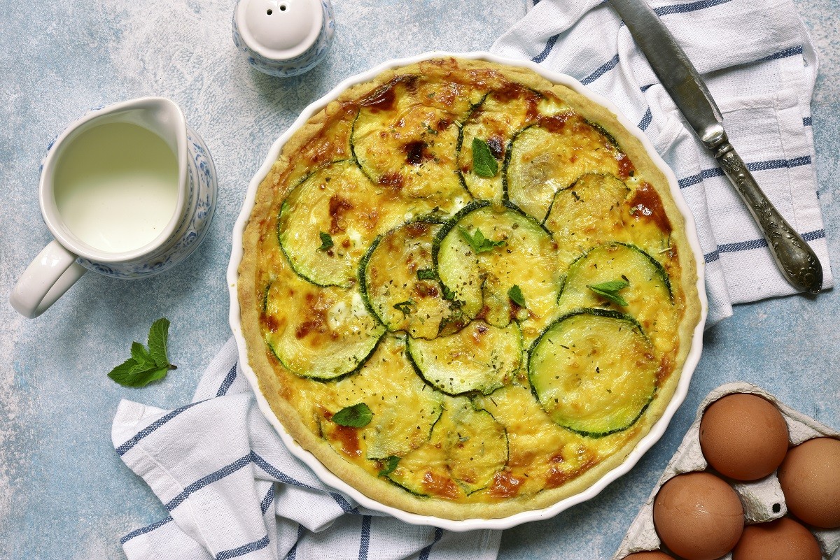 Delicious summer quiche with zucchini.Top view.