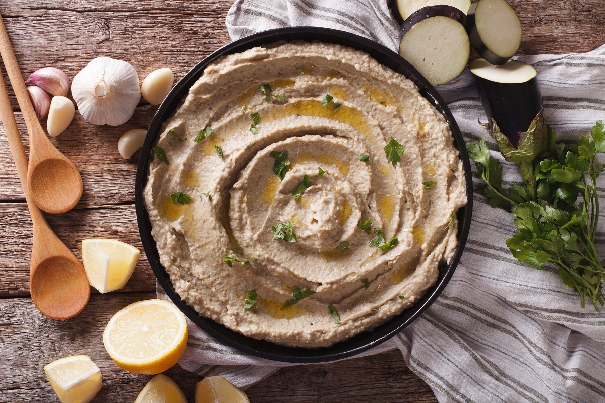 Arabic food baba ghanoush close-up and ingredients. Horizontal t