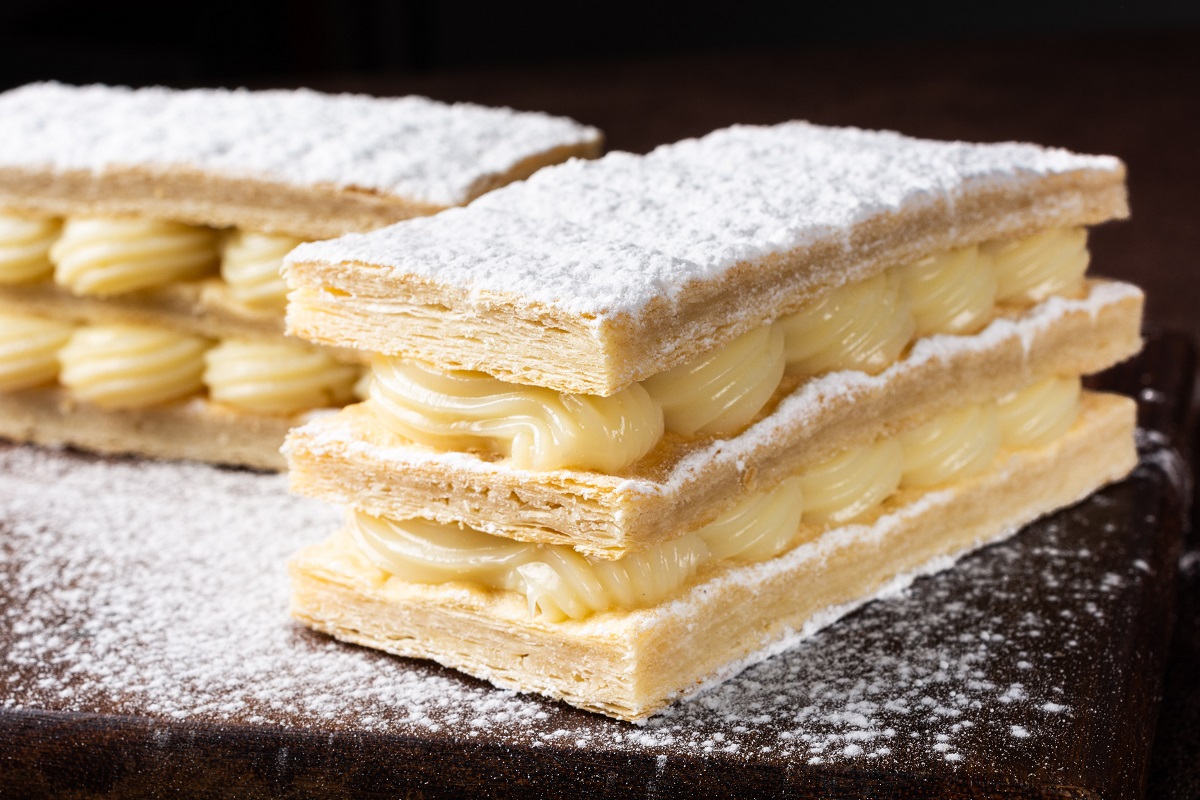 Mille,Feuille,With,Cream,On,Wood