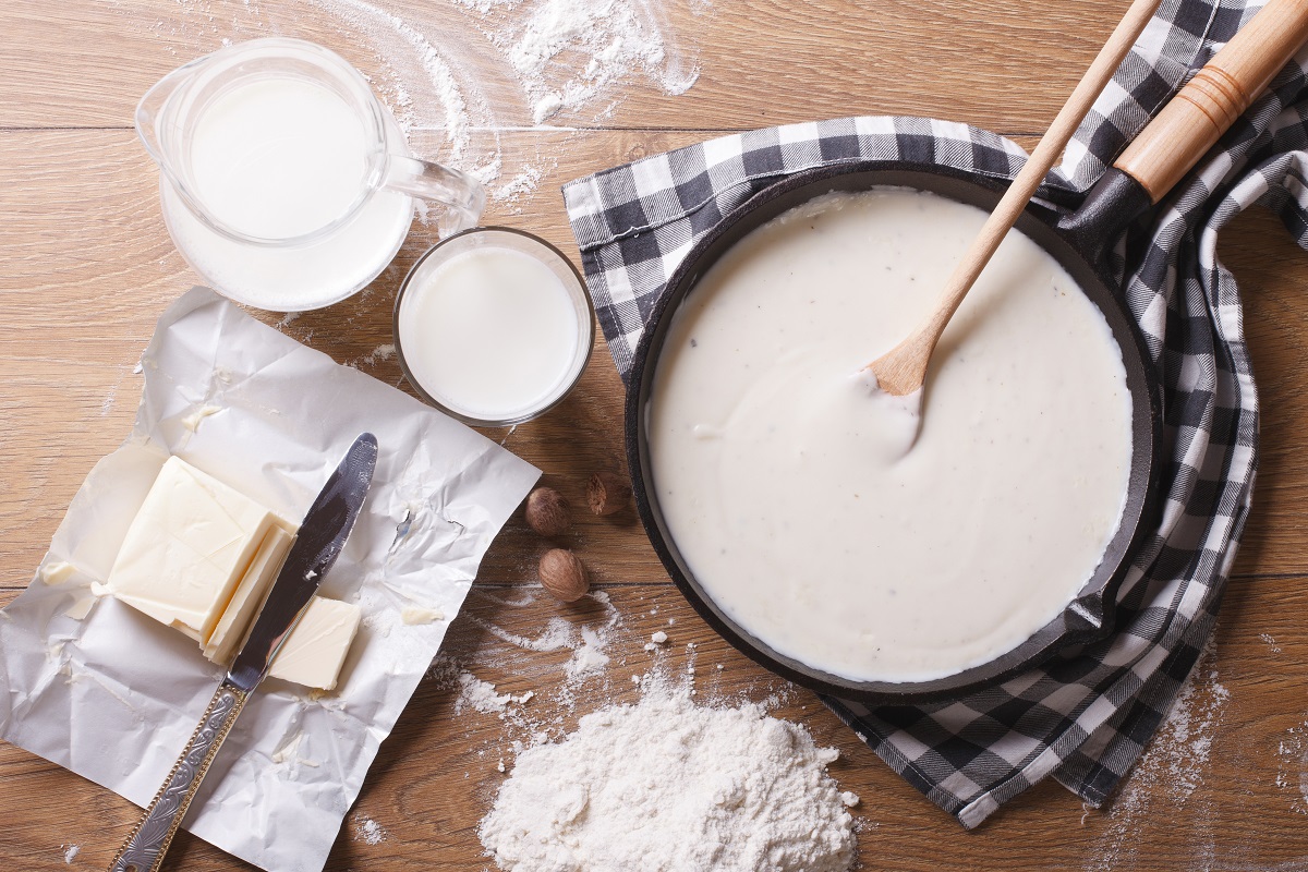 Preparation,Of,Bechamel,Sauce,In,A,Pan,And,Ingredients,On