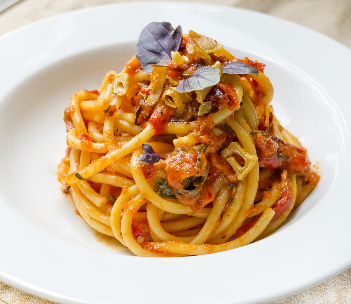 Bucatini,Pomodoro,(tomato,Sauce),In,White,Plate.