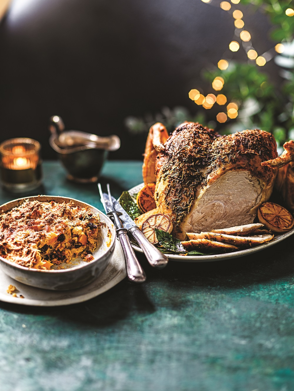 herb butter-basted turkey crown and stuffing