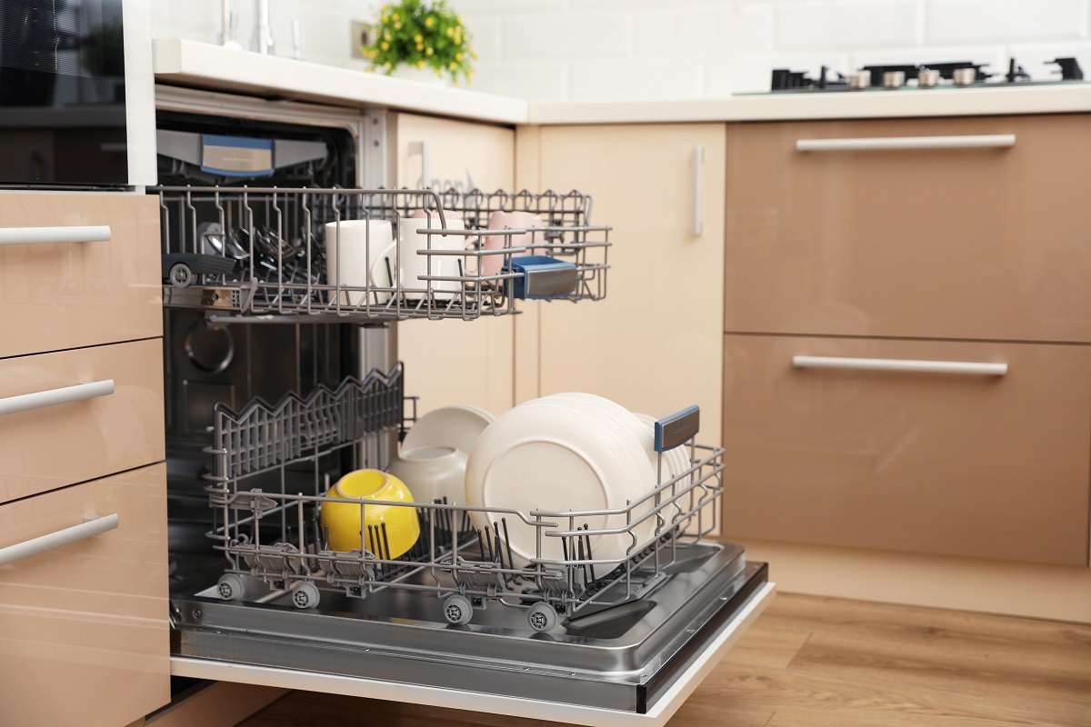 Open,Dishwasher,With,Clean,Tableware,In,Kitchen.,Space,For,Text