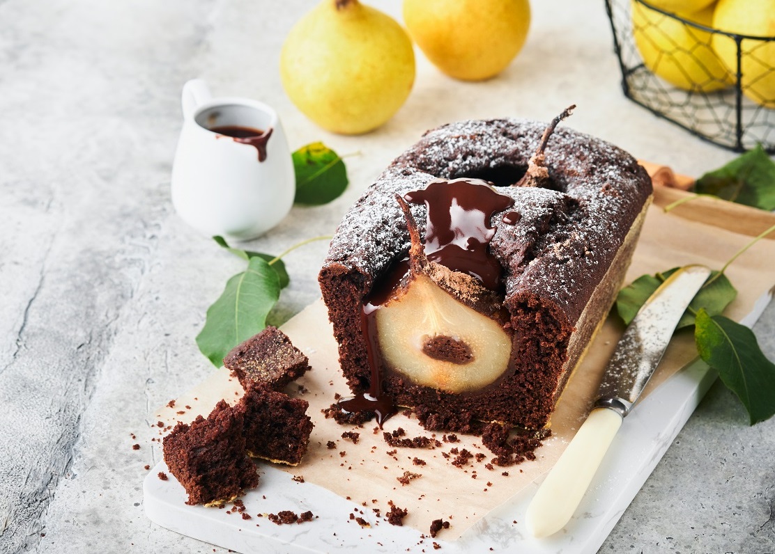 Chocolate,Cake,With,Pears,Baked,Inside.,Chocolate,Pear,Cake,Or