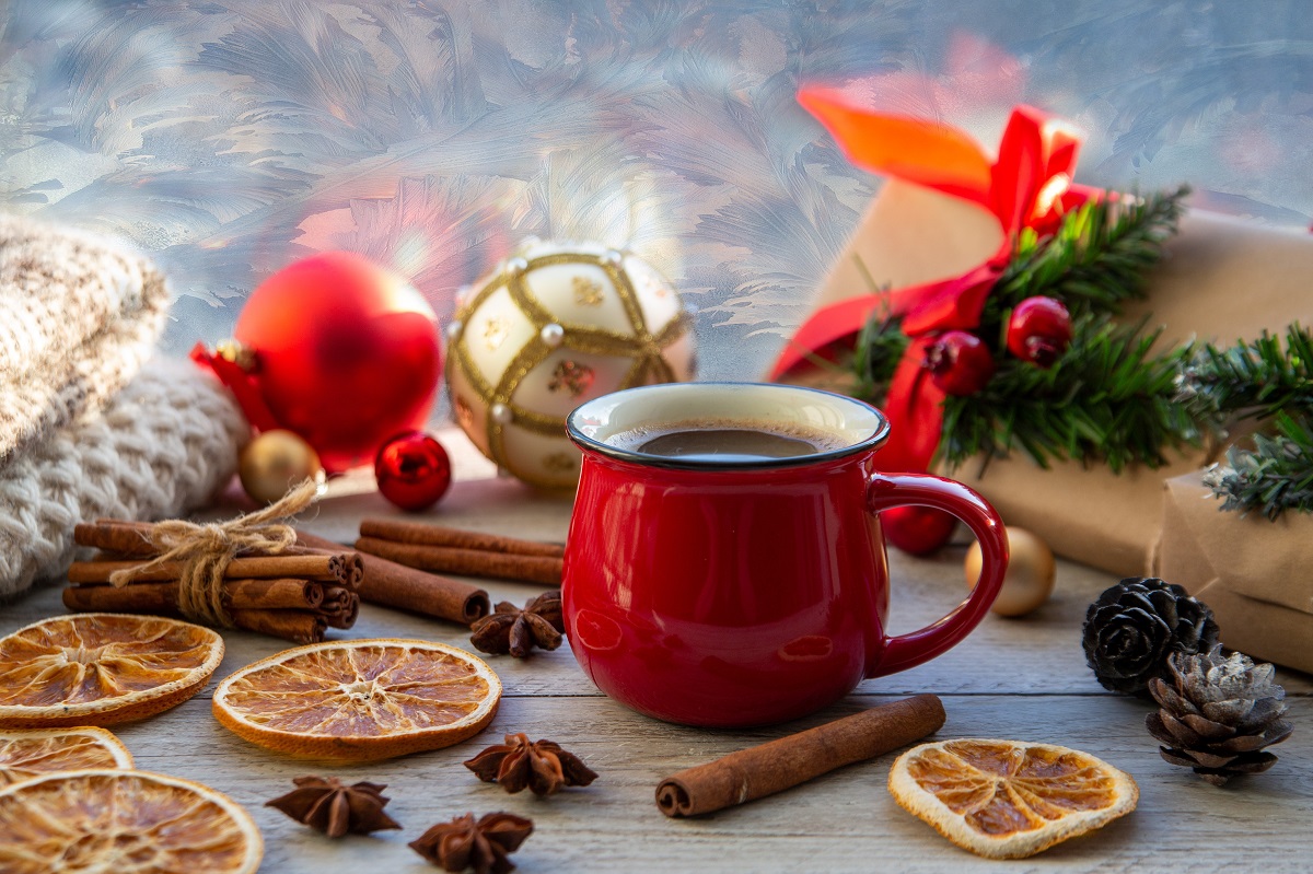 Christmas,Mood,,Holiday,Atmosphere.,Red,Cup,Of,Coffee,,Christmas,Gift