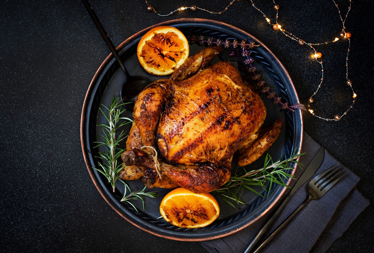 Baked,Whole,Chicken,With,Oranges,And,Rosemary.,Tray,With,A
