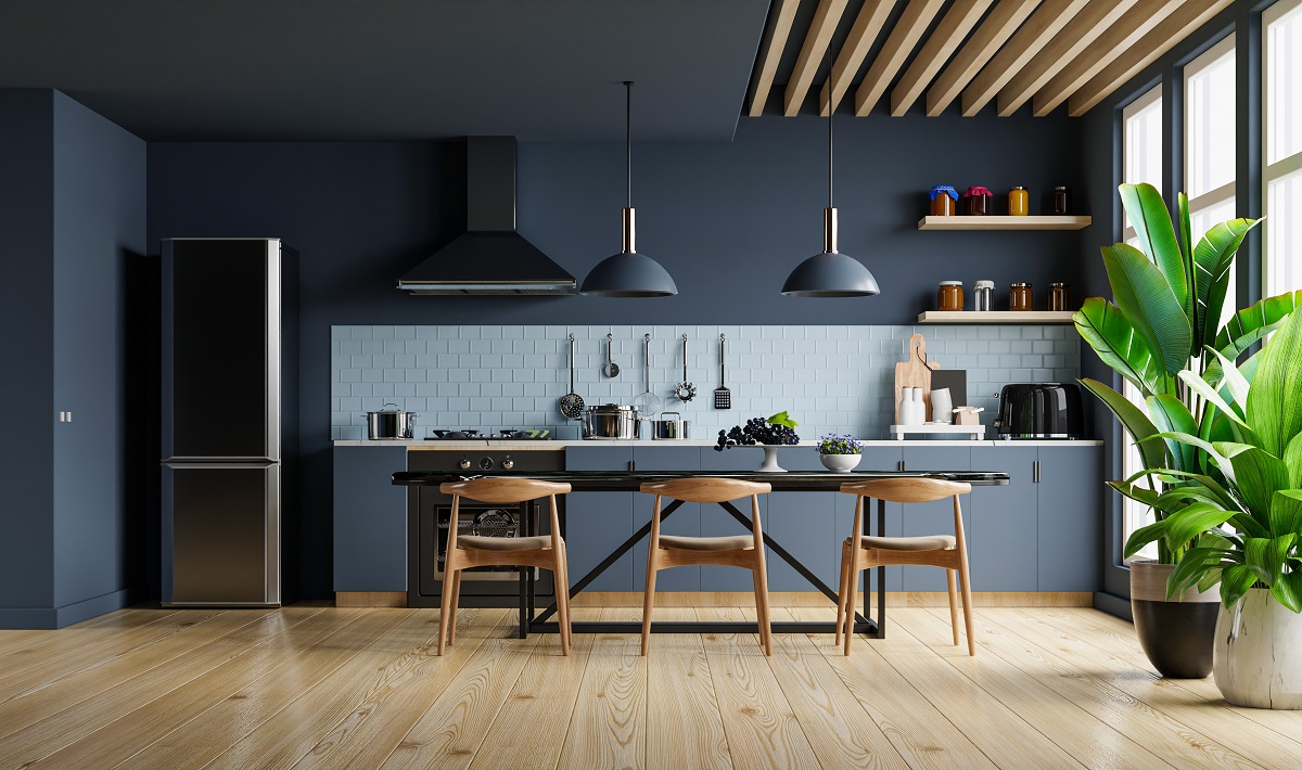 Modern,Style,Kitchen,Interior,Design,With,Dark,Blue,Wall.3d,Rendering