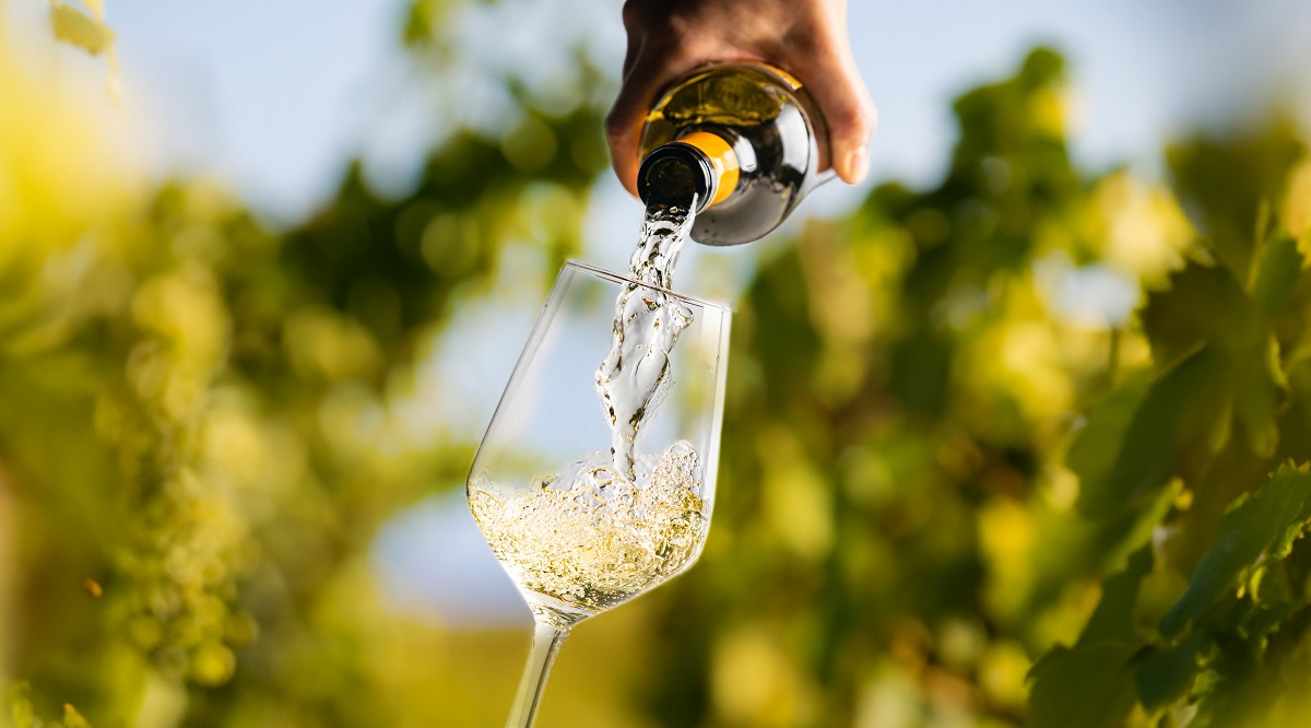 Wine,Glass,With,Pouring,White,Wine,And,Vineyard,Landscape,In