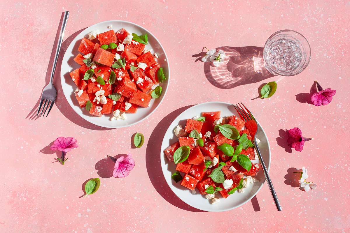 Watermelon,Salad,With,Feta,Cheese,And,Basil.,Healthy,Summer,Dessert