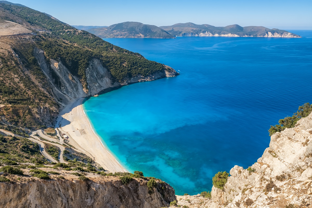 Top,View,Of,The,Famous,Myrtos,Beach,On,Kefalonia,Island,
