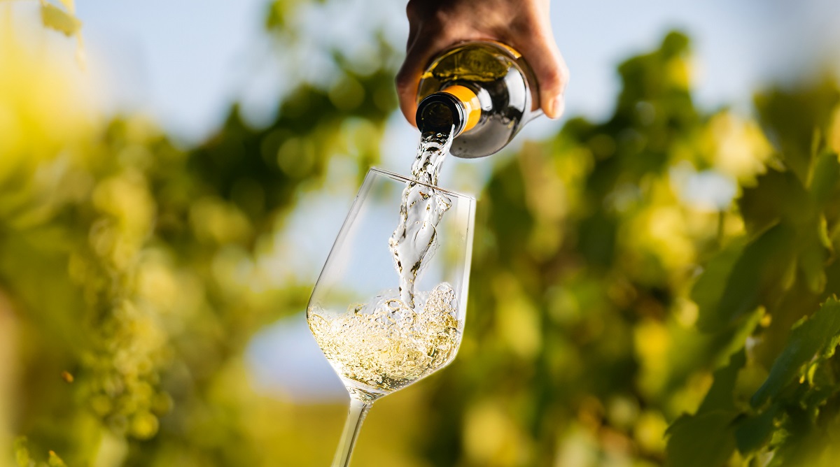Wine,Glass,With,Pouring,White,Wine,And,Vineyard,Landscape,In