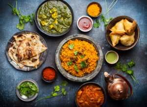 Top,View,Of,Indian,Traditional,Dishes,And,Appetizers:,Chicken,Curry,