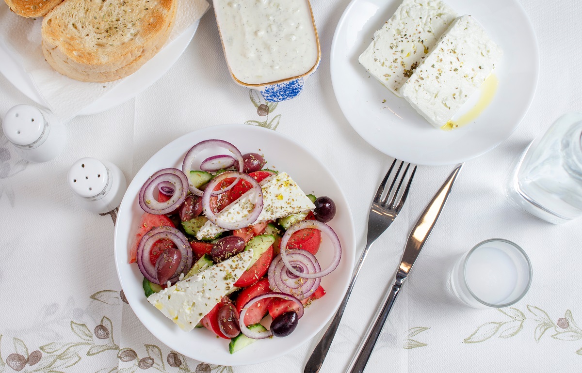 Greek,Food,Background.,Ouzo,,Greek,Salad,,Tzatziki,,Assortment,Of,Feta.