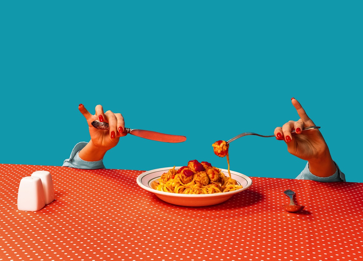Food,Pop,Art,Photography.,Female,Hands,Tasting,Spaghetti,With,Meatballs