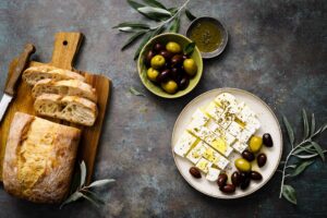 Feta,Cheese,,Olives,And,Ciabatta,,Top,View
