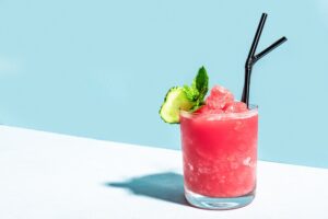 Watermelon,Slushie,Or,Strawberry,Granita,Cocktail,With,Mint,In,Glass