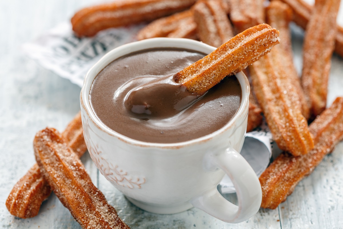 Churros,With,A,Cup,Of,Hot,Chocolate,Closeup,,Selective,Focus.