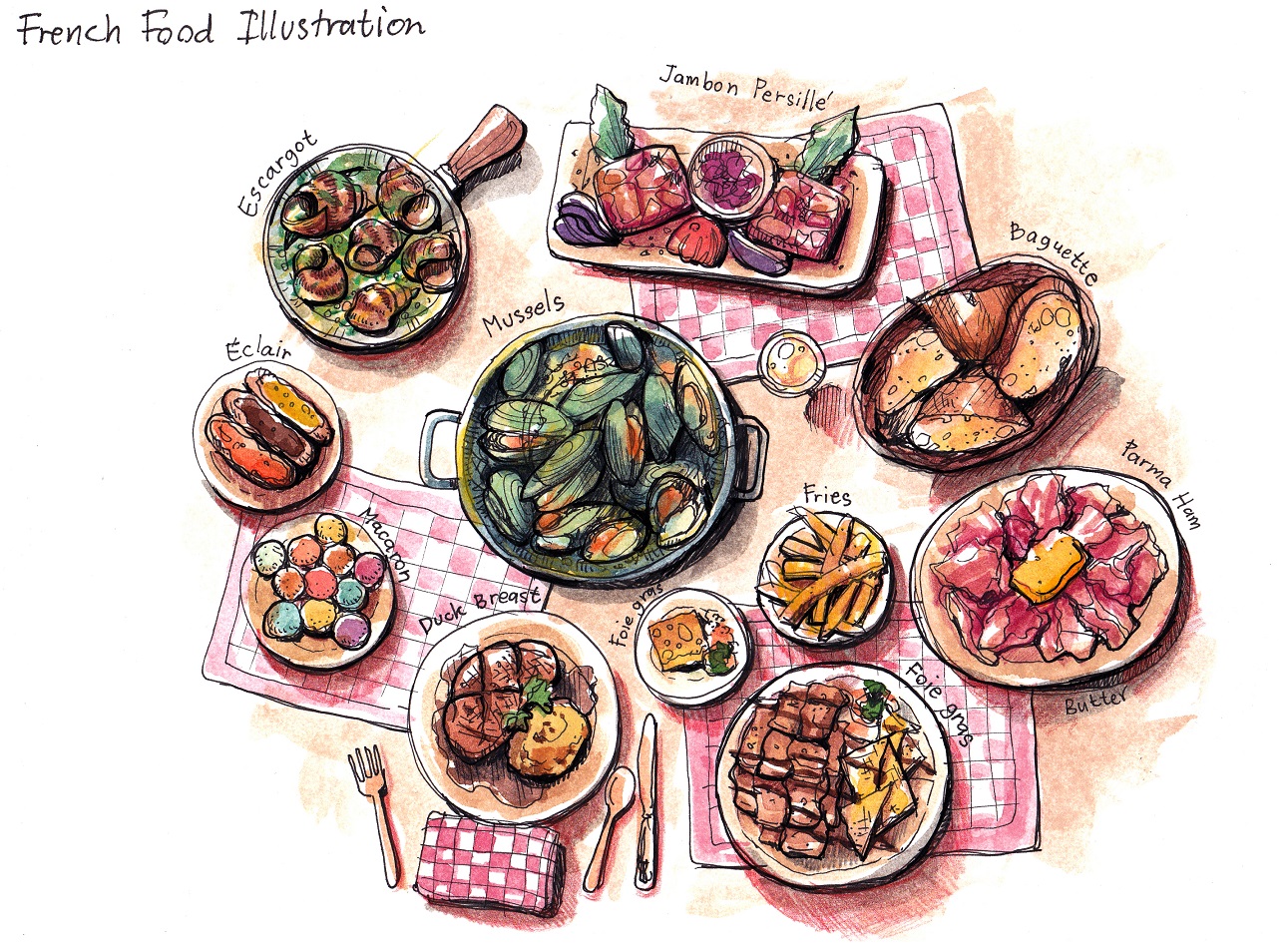 French,Food,Illustration,,Escargot,,Mussels,,Foie,Gras,,Duck,And,Other