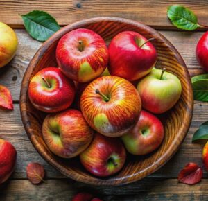 A,Wooden,Bowl,Filled,With,Red,And,Yellow,Apples,,Surrounded