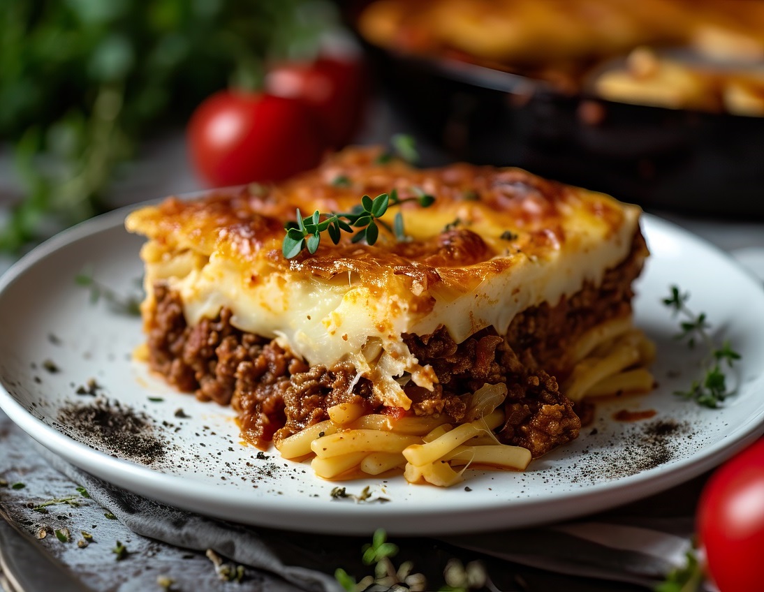 Pastitsio,Served,In,A,Dish,With,Layers,Visible,,Showcasing,Pasta,