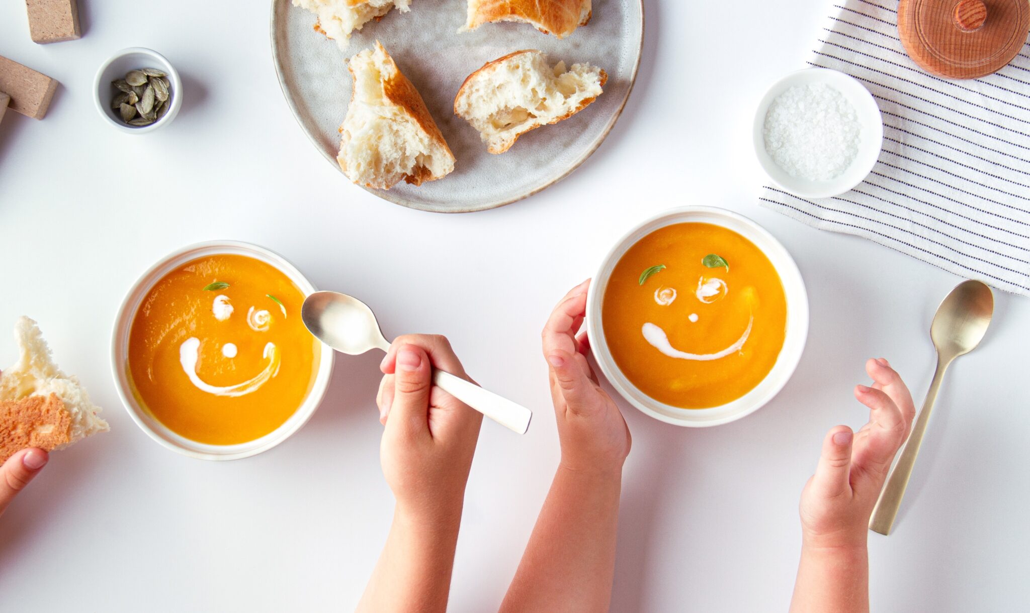 Children,Eat,Pumpkin,Cream,Soup,With,Cartoon,Smiles,From,Cream,