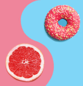 Donut,On,A,Blue,Background,And,Pink,Grapefruit.the,Concept,Of