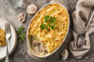 Shepherd’s,Pie.,Chicken,,Mushrooms,And,Mashed,Potatoes,Casserole.,Top,View