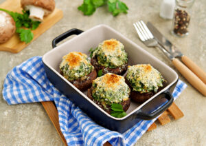 Baked,Brown,Mushrooms,Stuffed,With,Spinach,And,Cheese,,With,Breadcrumbs