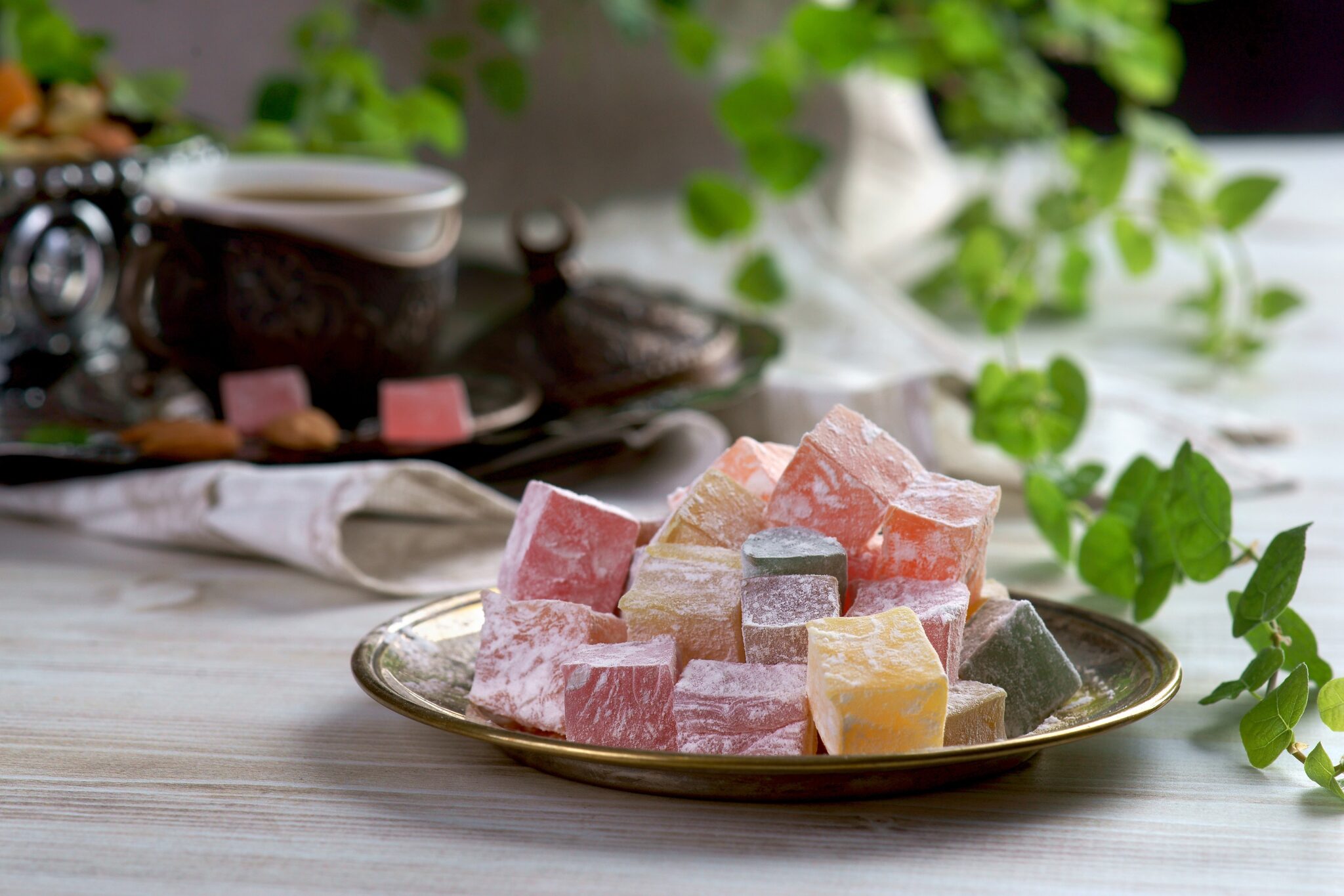 Turkish,Delight,On,A,Light,Background,With,A,Cup,Of