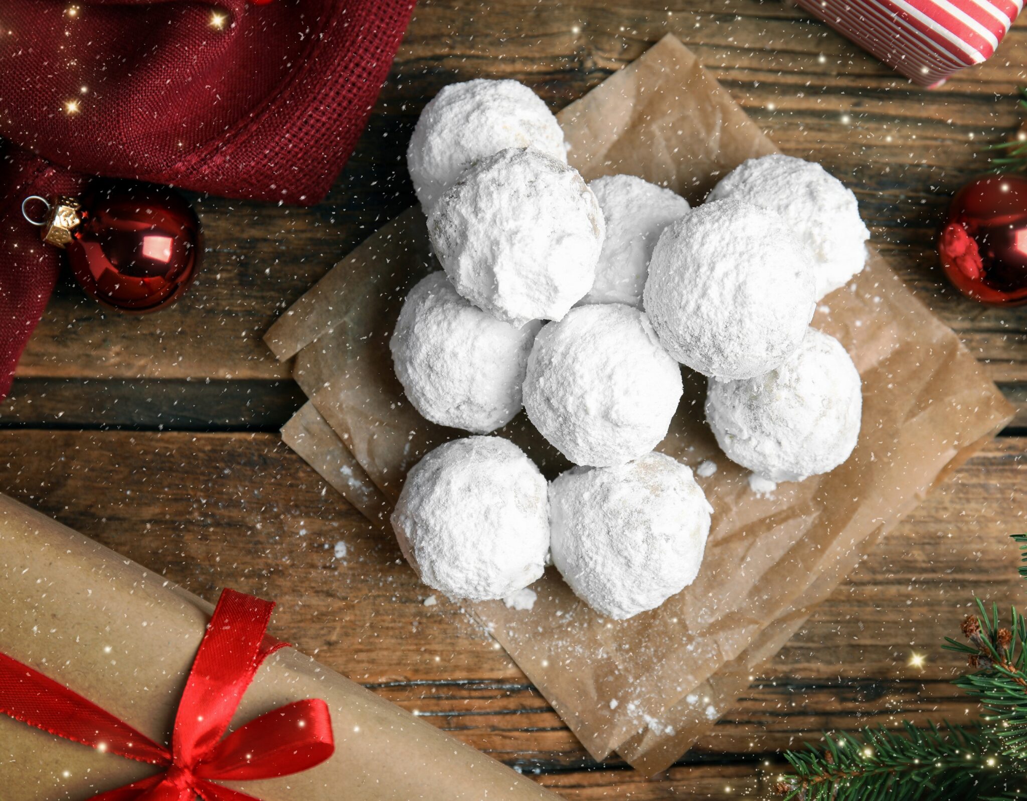 Tasty,Snowball,Cookies,And,Christmas,Decorations,On,Wooden,Table,,Flat