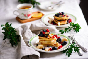 Gluten,Free,Pancakes,With,Mixed,Berry.style,Vintage,.selective,Focus