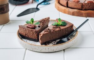 Chocolate,Cheesecake,With,Pecans,And,Mint,,Coffee,Cup,On,White