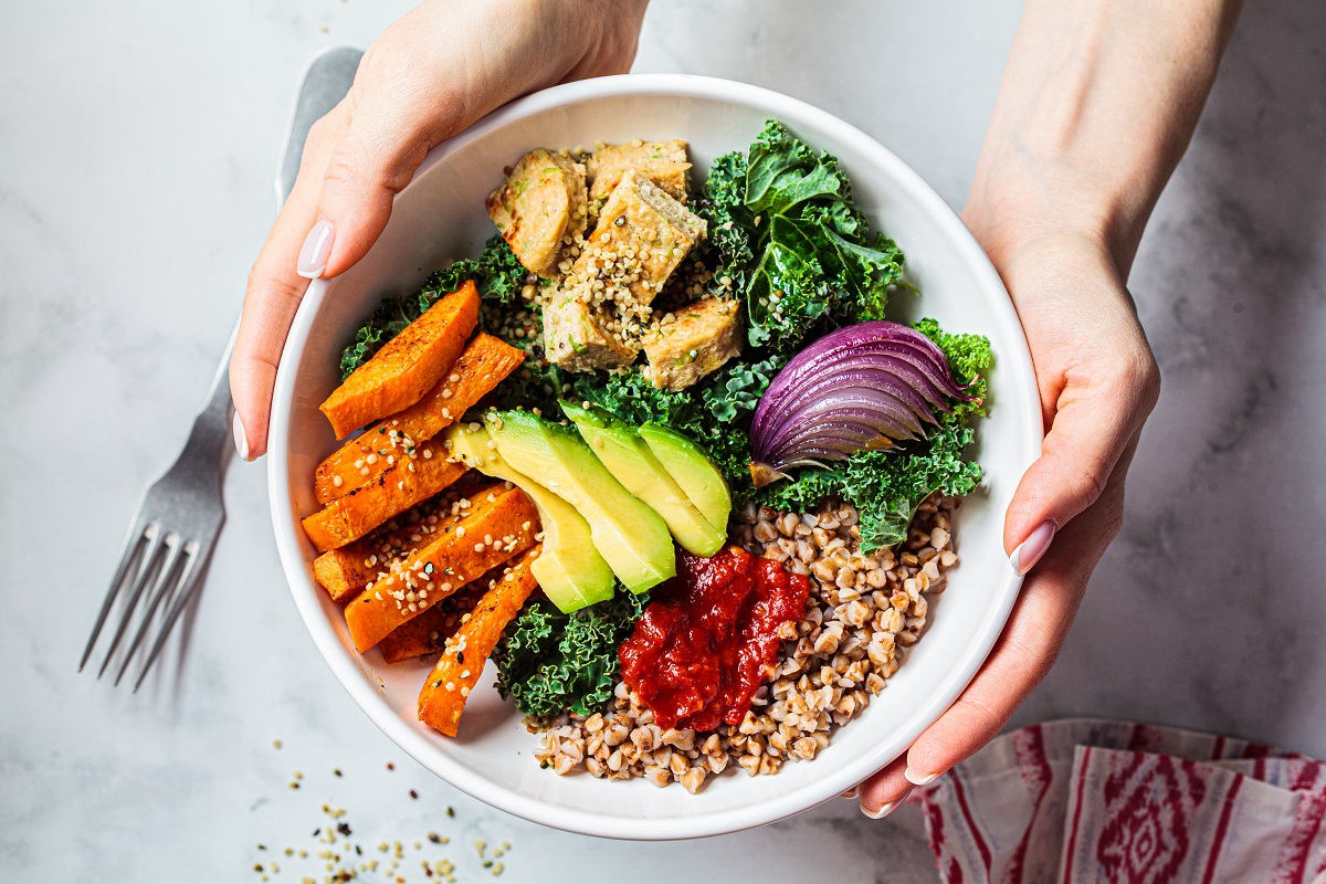 Baked,Vegetables,,Avocado,,Tofu,And,Buckwheat,Buddha,Bowl.,Vegan,Lunch