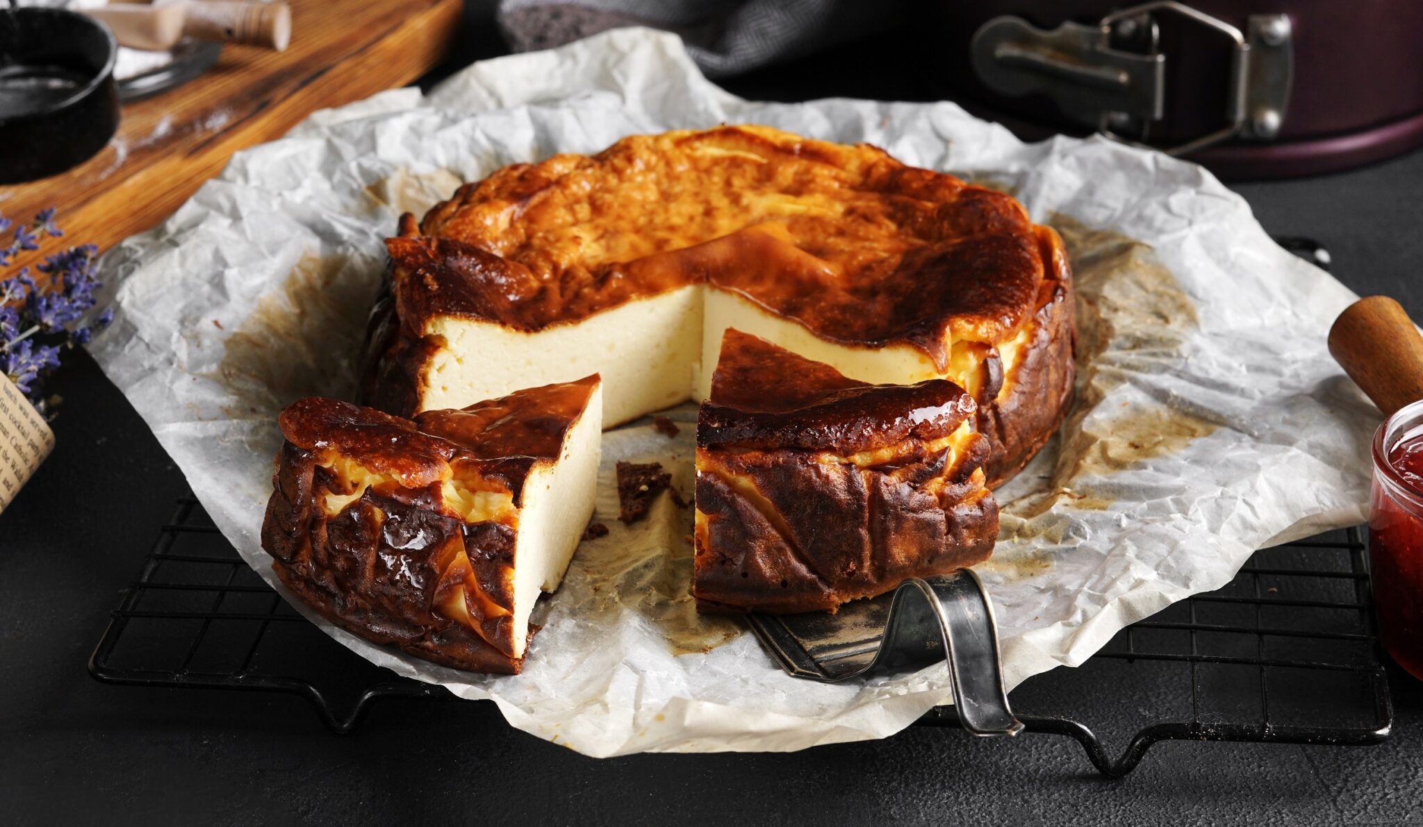 Tasty,Basque,Burnt,Cheesecake,On,Dark,Background